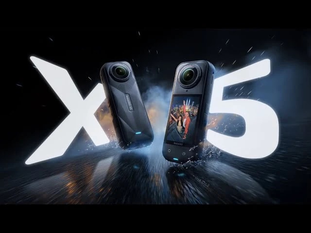 Insta 360 X5 camera floating in neon light